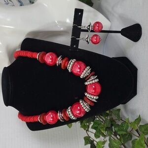 Chunky Red Glass and Wood Bead Necklace and Earrings Set